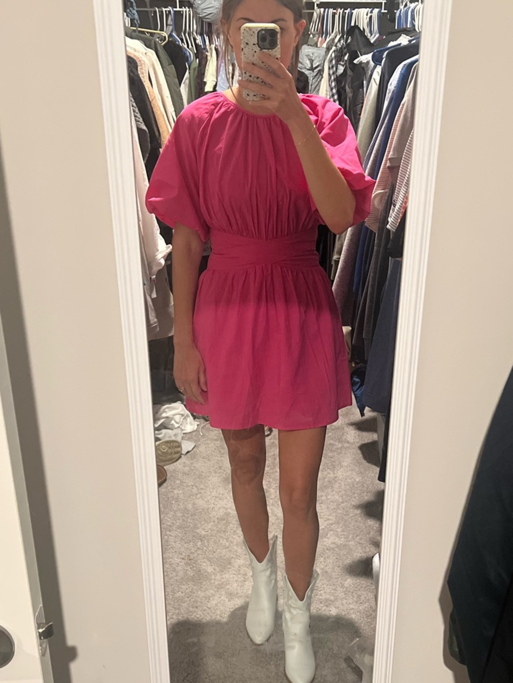 Pink Short Puff-Sleeve Smocked Waist Dress